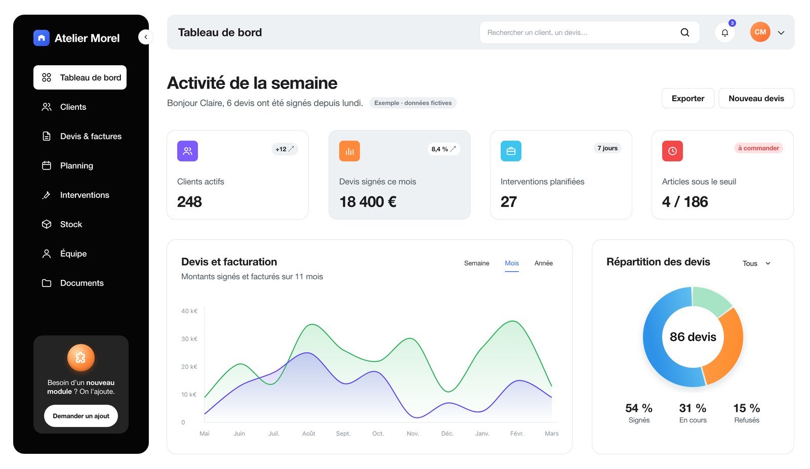 Exemple d’interface de logiciel de gestion (données fictives)